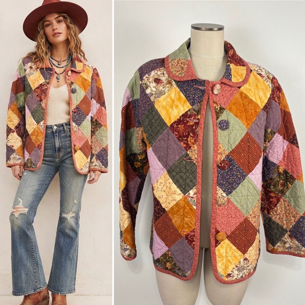 VTG Quilted Patchwork Jacket Cotton Fall Autumn Floral Print Button M/L